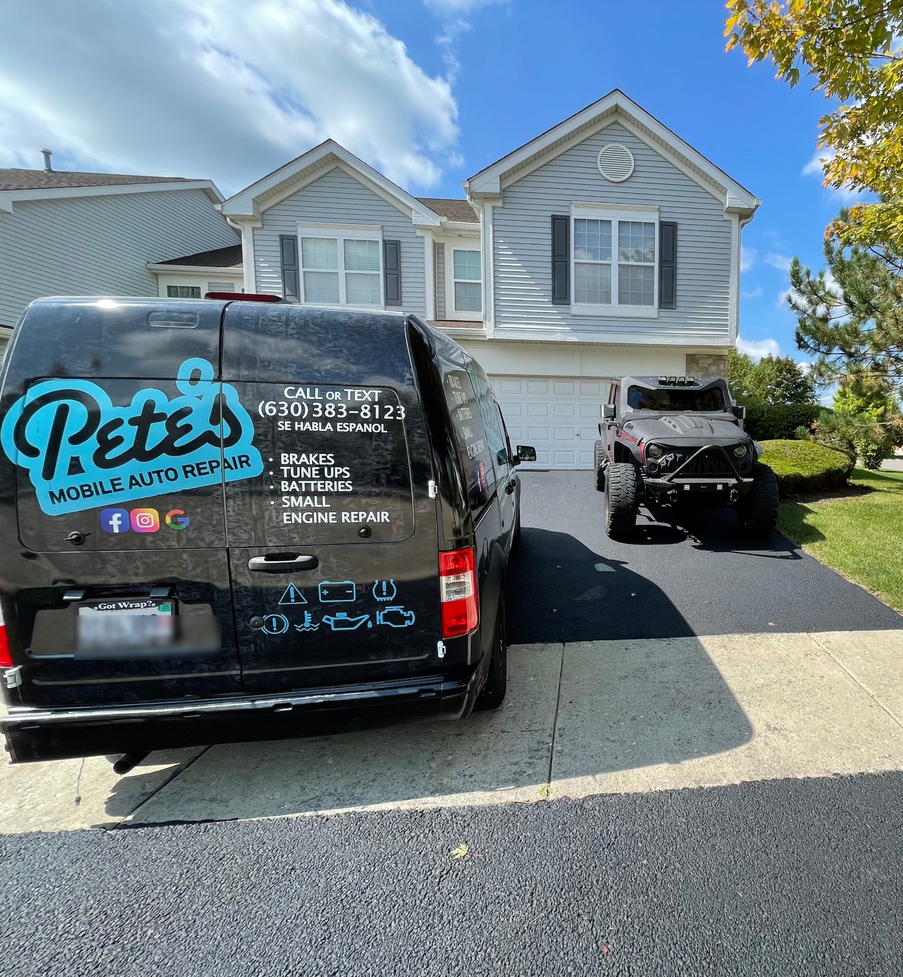Pete's Mobile Auto Repair van parked in a residential driveway in Aurora, Illinois
